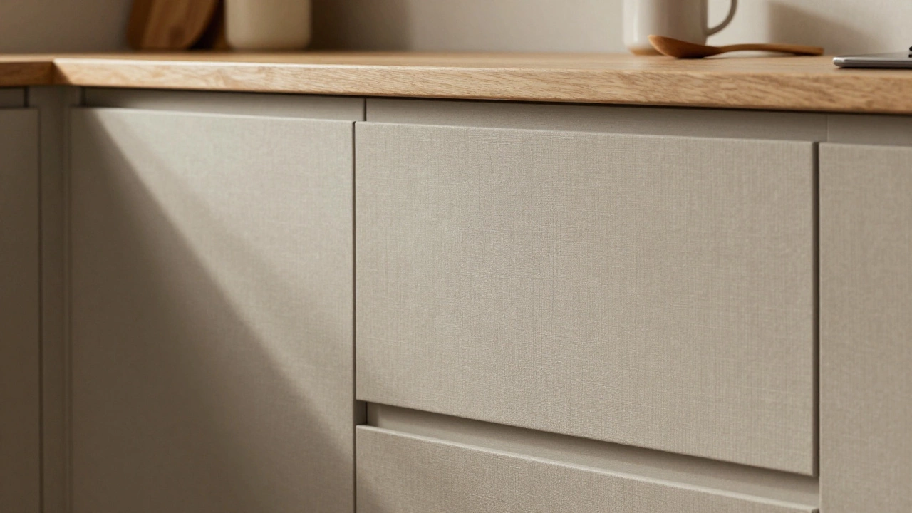 Матовый фасад с текстурой ткани, без бликов, в теплом свете.