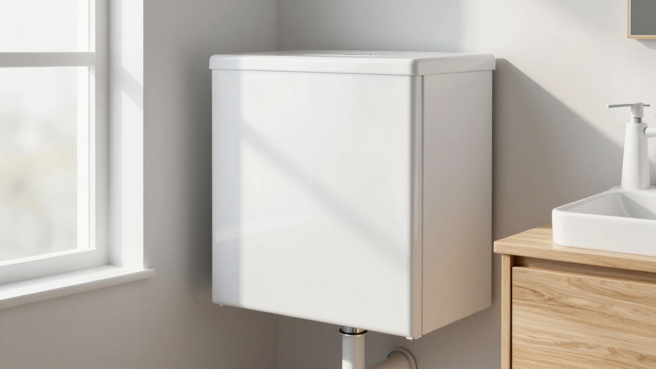 Пластиковые панели с имитацией дерева на коробе для труб, с вентиляционной решёткой и скрытой дверцей.