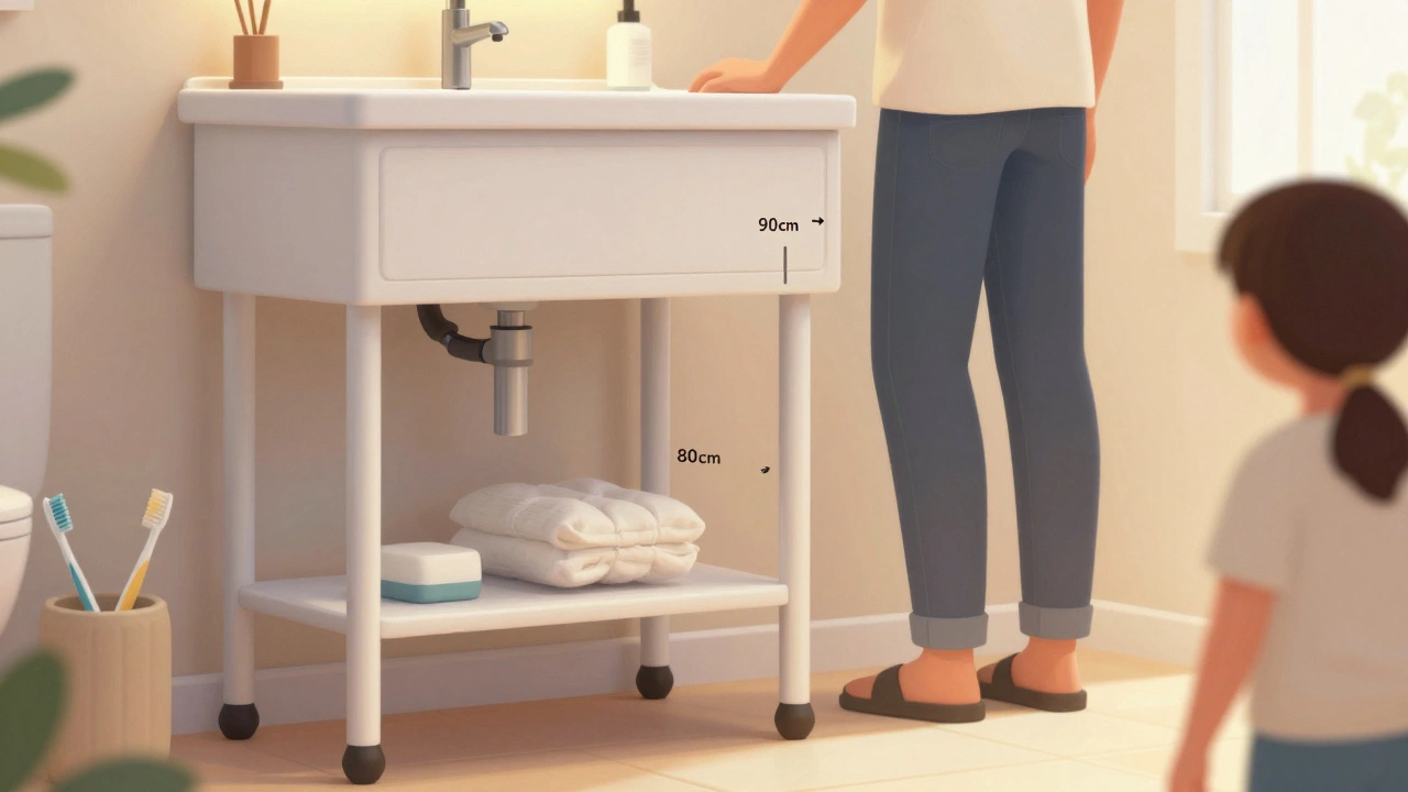 Регулируемая тумба в ванной с двумя уровнями высоты, показывающая адаптацию для разных пользователей.