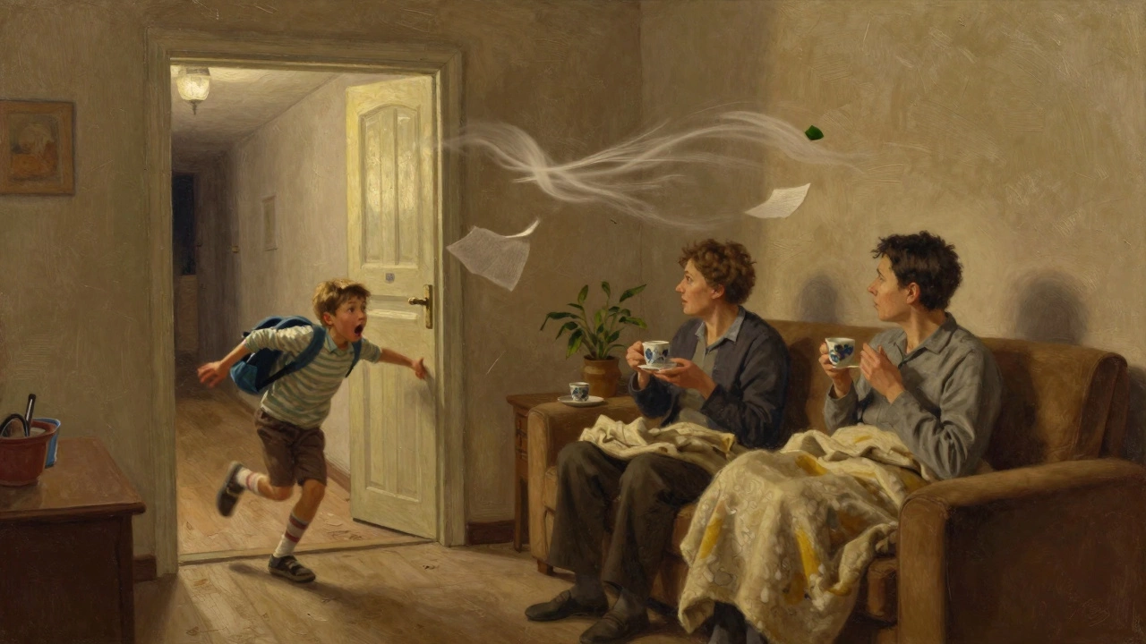 Семья на диване в старой квартире, ребенок вбегает с улицы, родители удивлены, сквозняк поднимает листы бумаги.