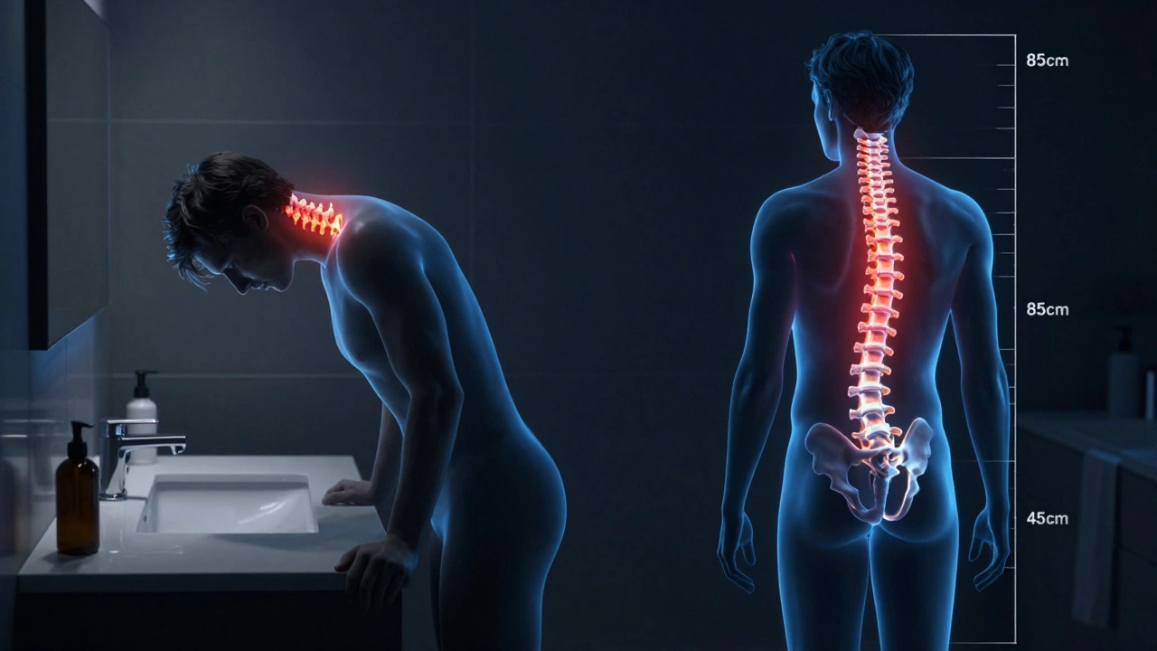 Силуэт позвоночника рядом с тумбой, сравнивающий вредную и идеальную высоту для комфорта и здоровья.