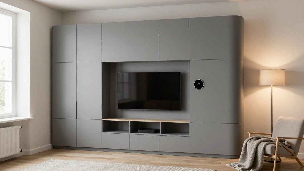 Угловая стенка в скандинавском стиле с закрытыми шкафами, открытыми полками и беспроводной зарядкой в маленькой квартире.